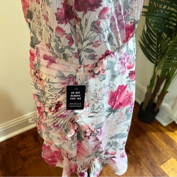Express Metallic Floral One Shoulder Pleated Faux Wrap Front Romper Large - Picture 5 of 13